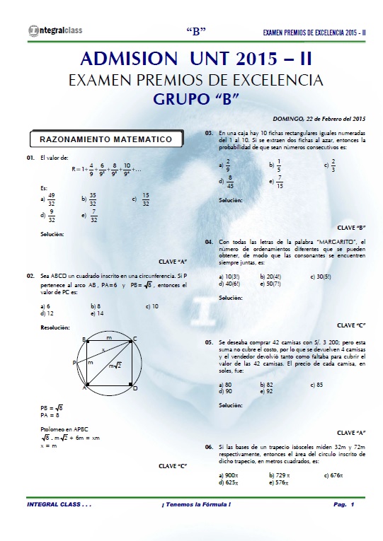  EXAMEN DE ADMISIÓN UNT - 2015-II PREMIOS DE EXCELENCIA GRUPO 