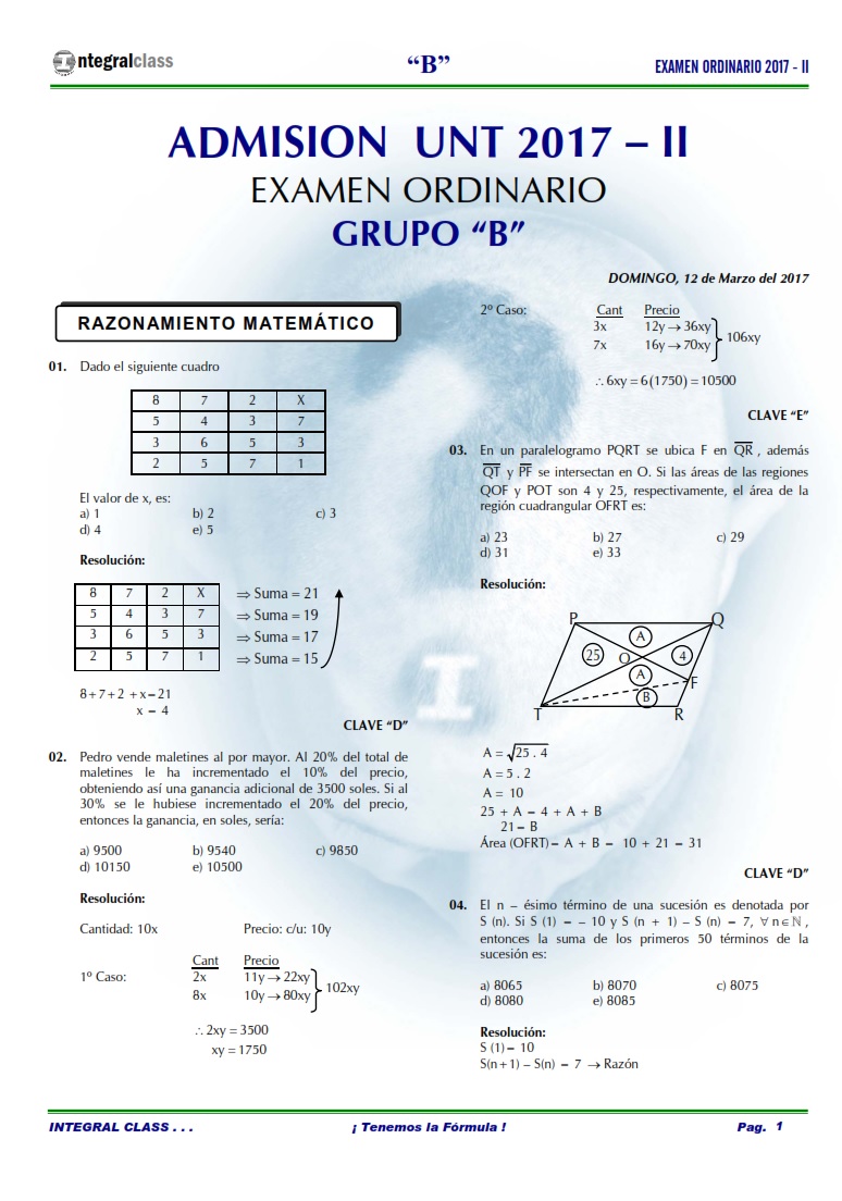 EXAMEN ADMISIÓN ORDINARIO UNT 2017- II GRUPO B 