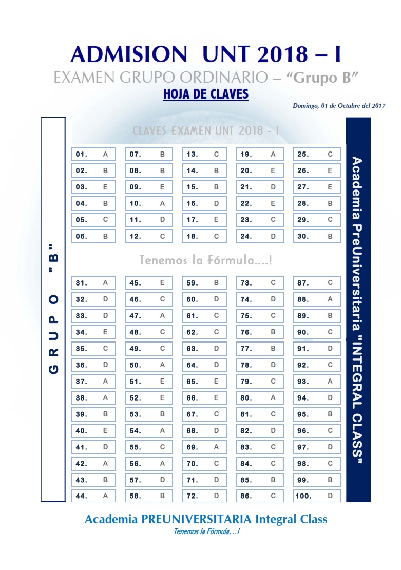  HOJA DE CLAVES EXAMEN ADMISIÓN ORDINARIO UNT 2018- I GRUPO B 