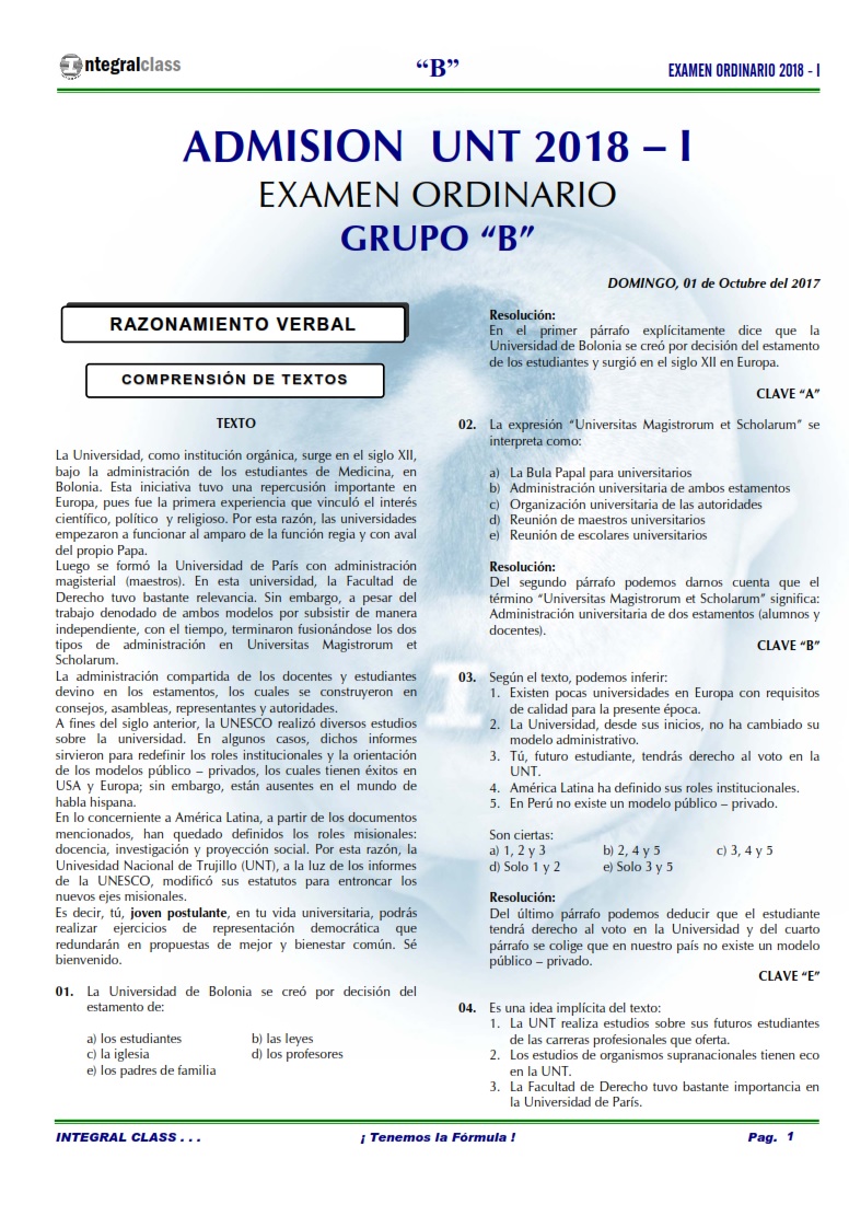  EXAMEN ADMISIÓN ORDINARIO UNT 2018-I GRUPO B 