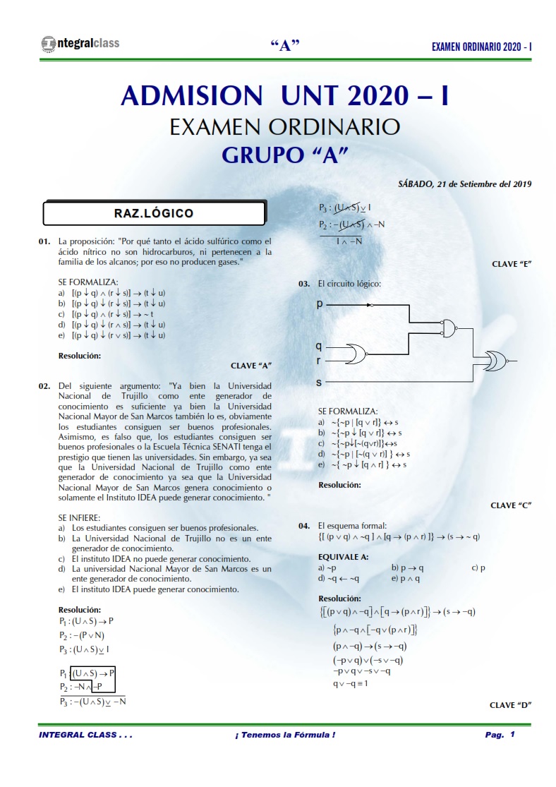  EXAMEN ADMISIÓN ORDINARIO UNT 2020-I GRUPO A 