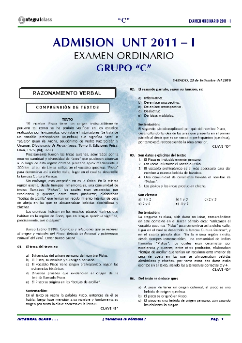 Examen Ordinario UNT 2011 - I Area C Desarrollado